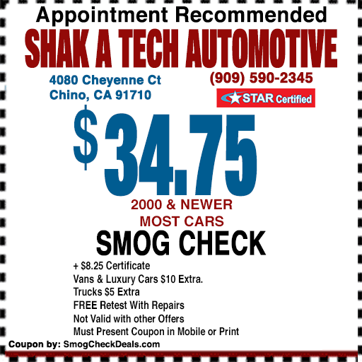 $34.75 smog check coupon — Shak A Tech Automotive, Chino